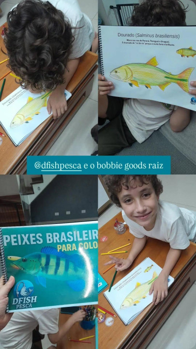 Criança com caderno de colorir Peixes Brasileiros